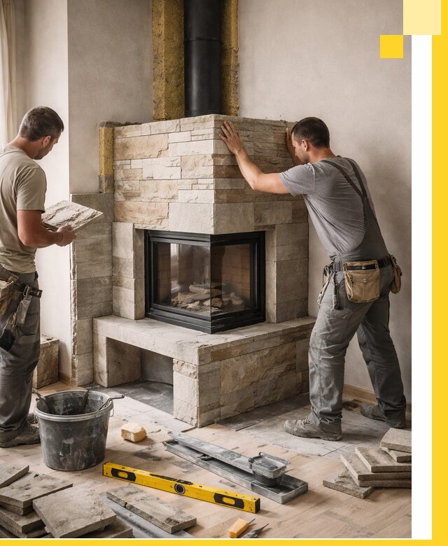 Угловые камины под ключ проект, монтаж и отделка в Реже