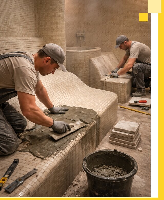 Лежаки для хамама под ключ в Реже, проект и монтаж