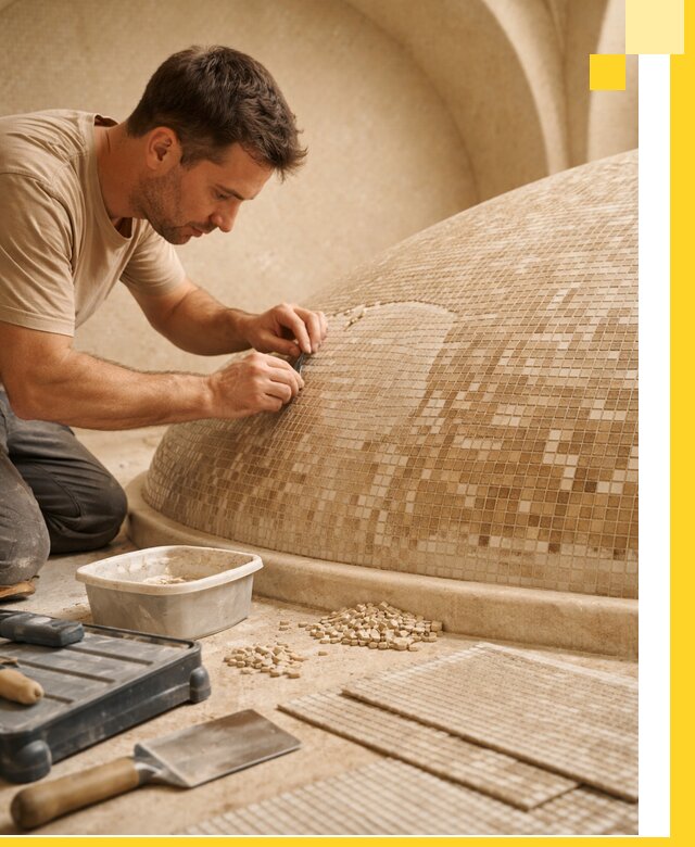 Профессиональная укладка мозаики для хамама под ключ в Реже